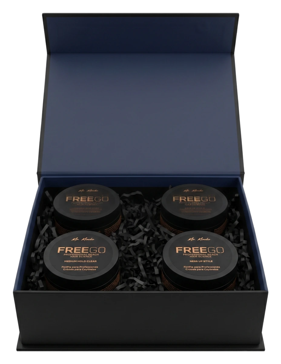 Navy Barberia gift box open, holding the Freego gel wax jars in black crinkle paper
